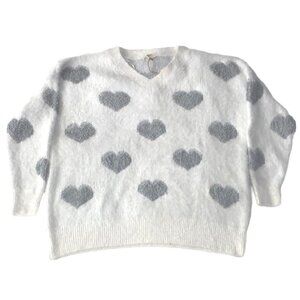 White with gray Hearts oversize V neck sweater Size Large NWT